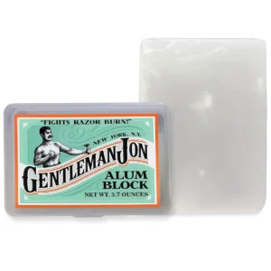Gentleman Jon alum block in a plastic case soothes skin after shaving, preventing razor burn and closing pores for a fresh feeling.