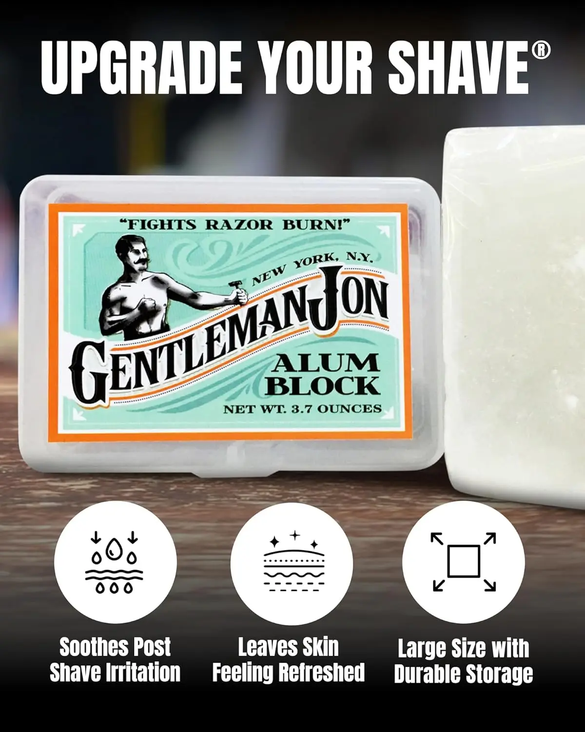 Gentleman Jon alum block in a plastic case soothes skin after shaving, preventing razor burn and closing pores for a fresh feeling.