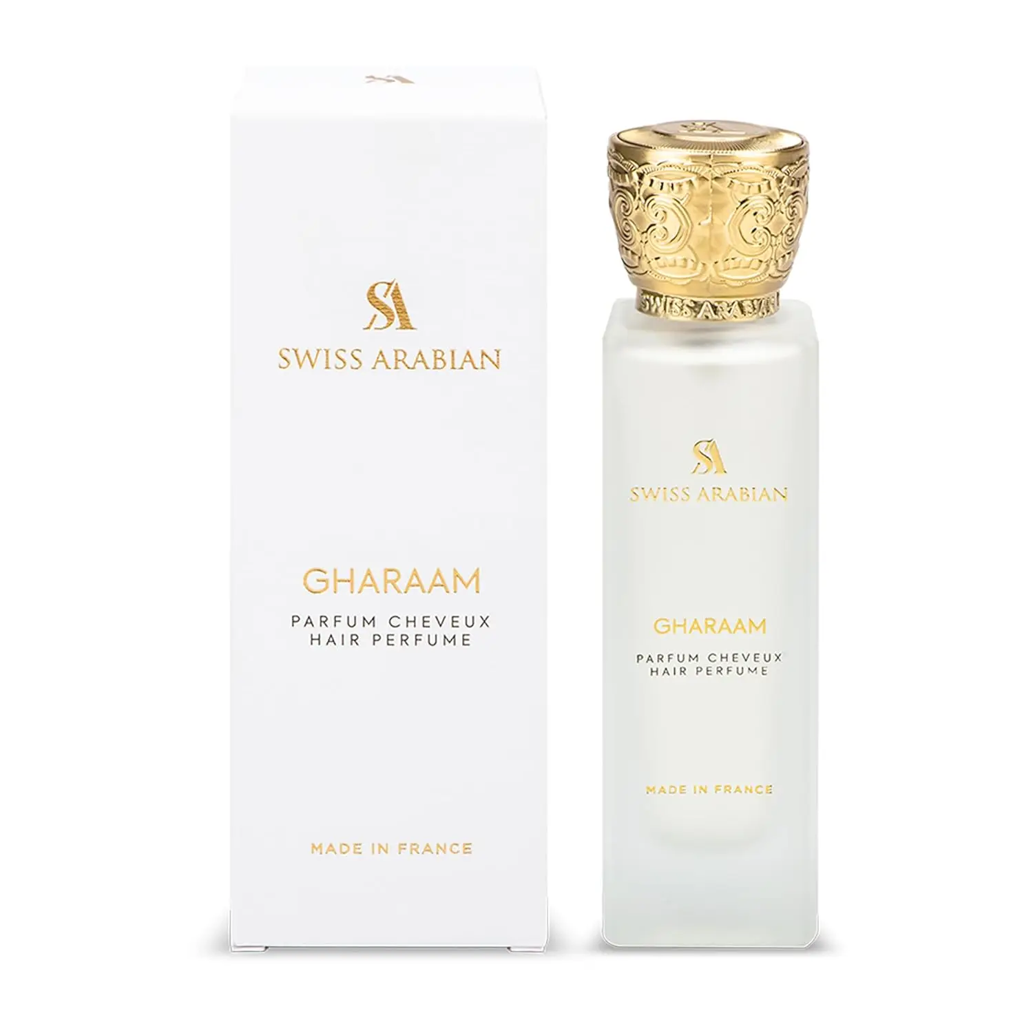 Swiss Arabian Gharaam hair mist, infused with the warm scent of amber, fresh jasmine, and rich cedarwood, provides a fragrant and woody aroma for your hair.