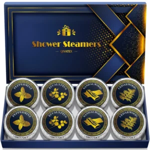 This aromatherapy shower bomb set for men includes eight shower steamers with cedar wood, sandalwood, eucalyptus, and peppermint scents, perfect for Christmas or birthday gifts to create a relaxing home spa experience.
