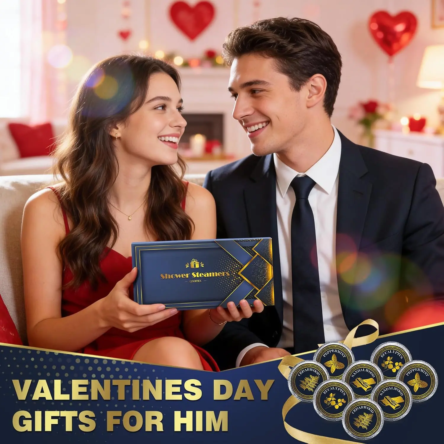 This aromatherapy shower bomb set for men includes eight shower steamers with cedar wood, sandalwood, eucalyptus, and peppermint scents, perfect for Christmas or birthday gifts to create a relaxing home spa experience.