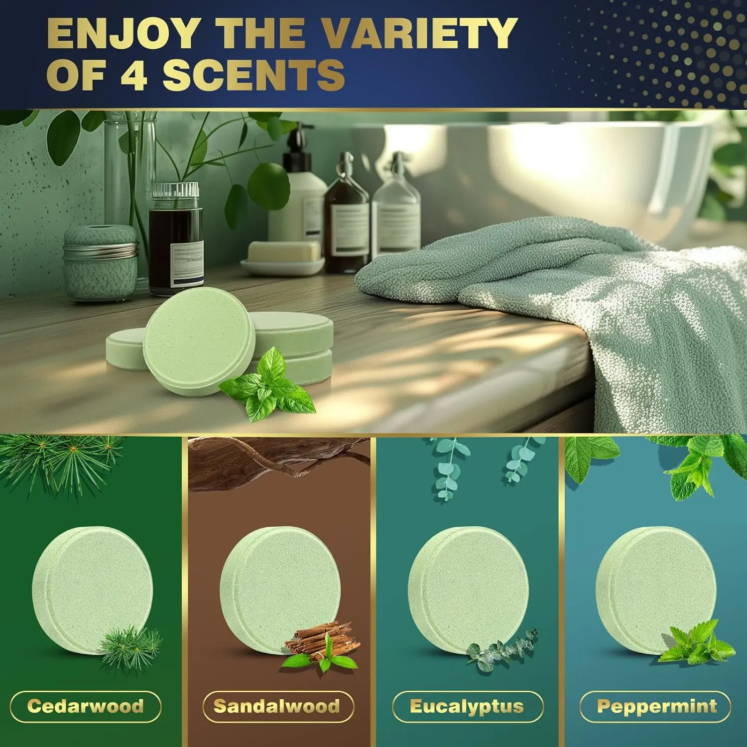 This aromatherapy shower bomb set for men includes eight shower steamers with cedar wood, sandalwood, eucalyptus, and peppermint scents, perfect for Christmas or birthday gifts to create a relaxing home spa experience.