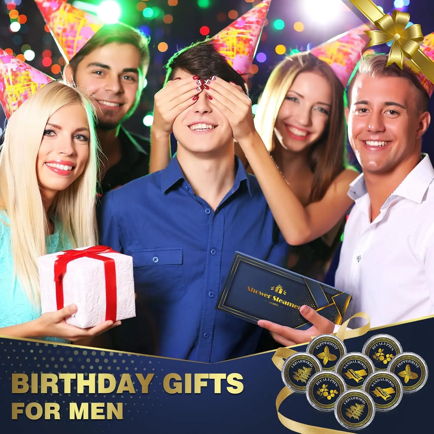 This aromatherapy shower bomb set for men includes eight shower steamers with cedar wood, sandalwood, eucalyptus, and peppermint scents, perfect for Christmas or birthday gifts to create a relaxing home spa experience.