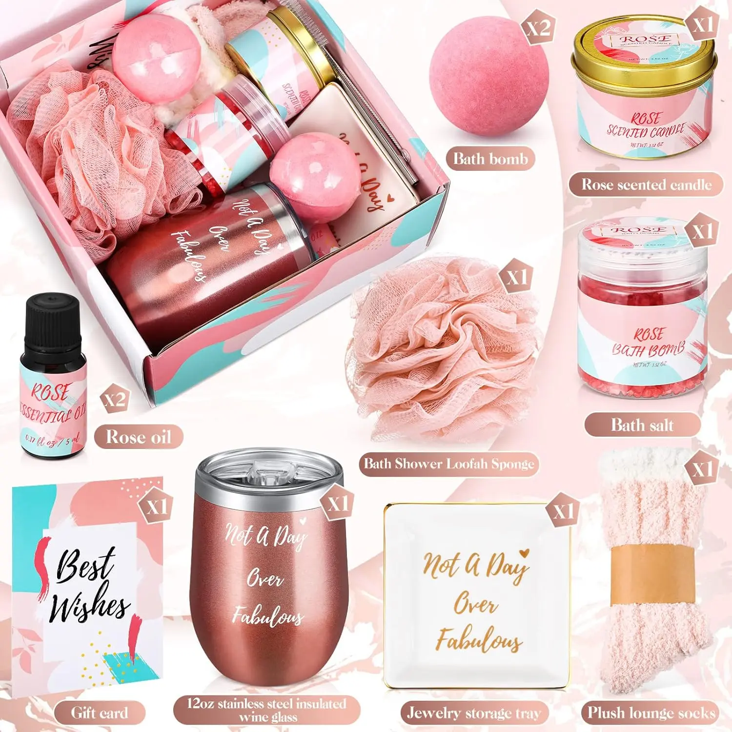 This relaxing spa gift basket for women includes a rose scented candle, bath bombs, insulated wine glass, and other pampering items, making it a perfect birthday or Mother's Day present.