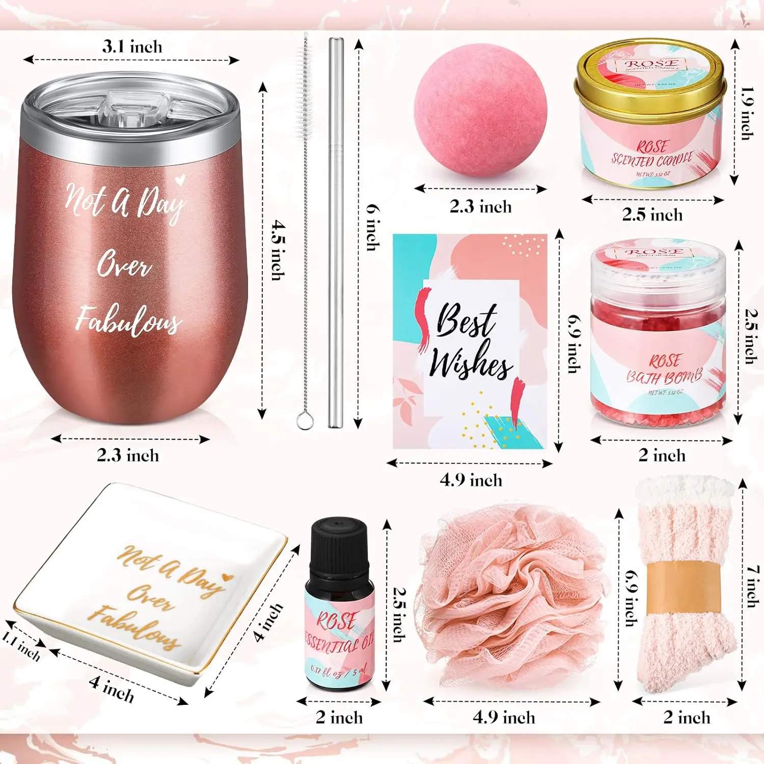 This relaxing spa gift basket for women includes a rose scented candle, bath bombs, insulated wine glass, and other pampering items, making it a perfect birthday or Mother's Day present.