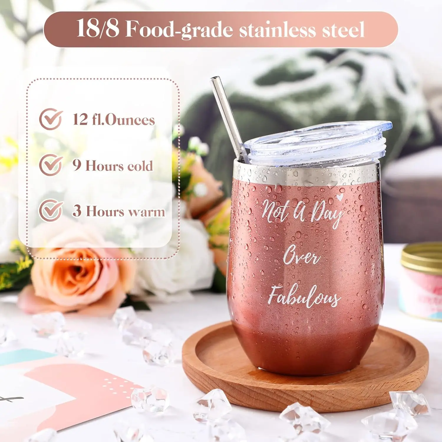 This relaxing spa gift basket for women includes a rose scented candle, bath bombs, insulated wine glass, and other pampering items, making it a perfect birthday or Mother's Day present.