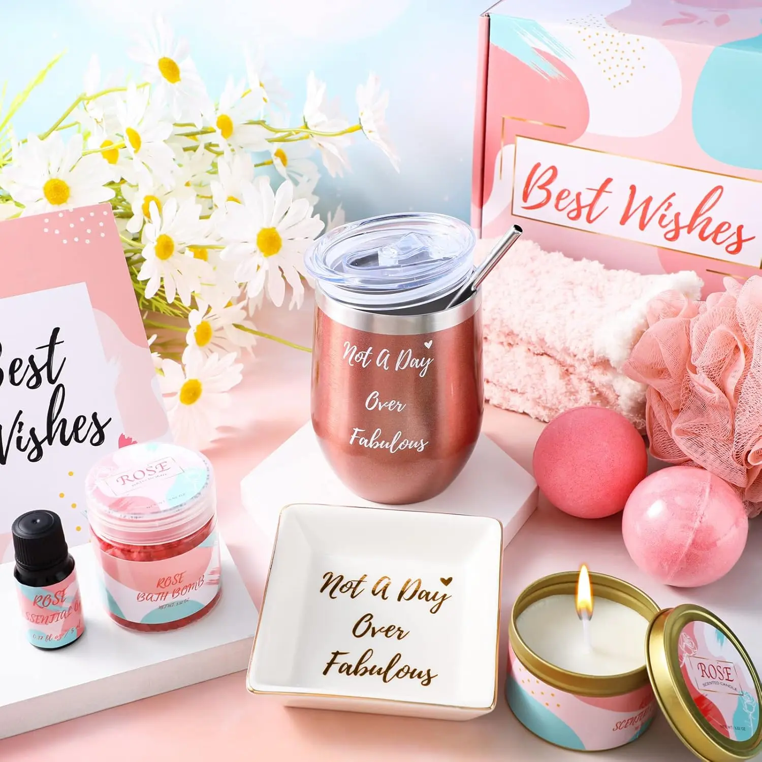 This relaxing spa gift basket for women includes a rose scented candle, bath bombs, insulated wine glass, and other pampering items, making it a perfect birthday or Mother's Day present.