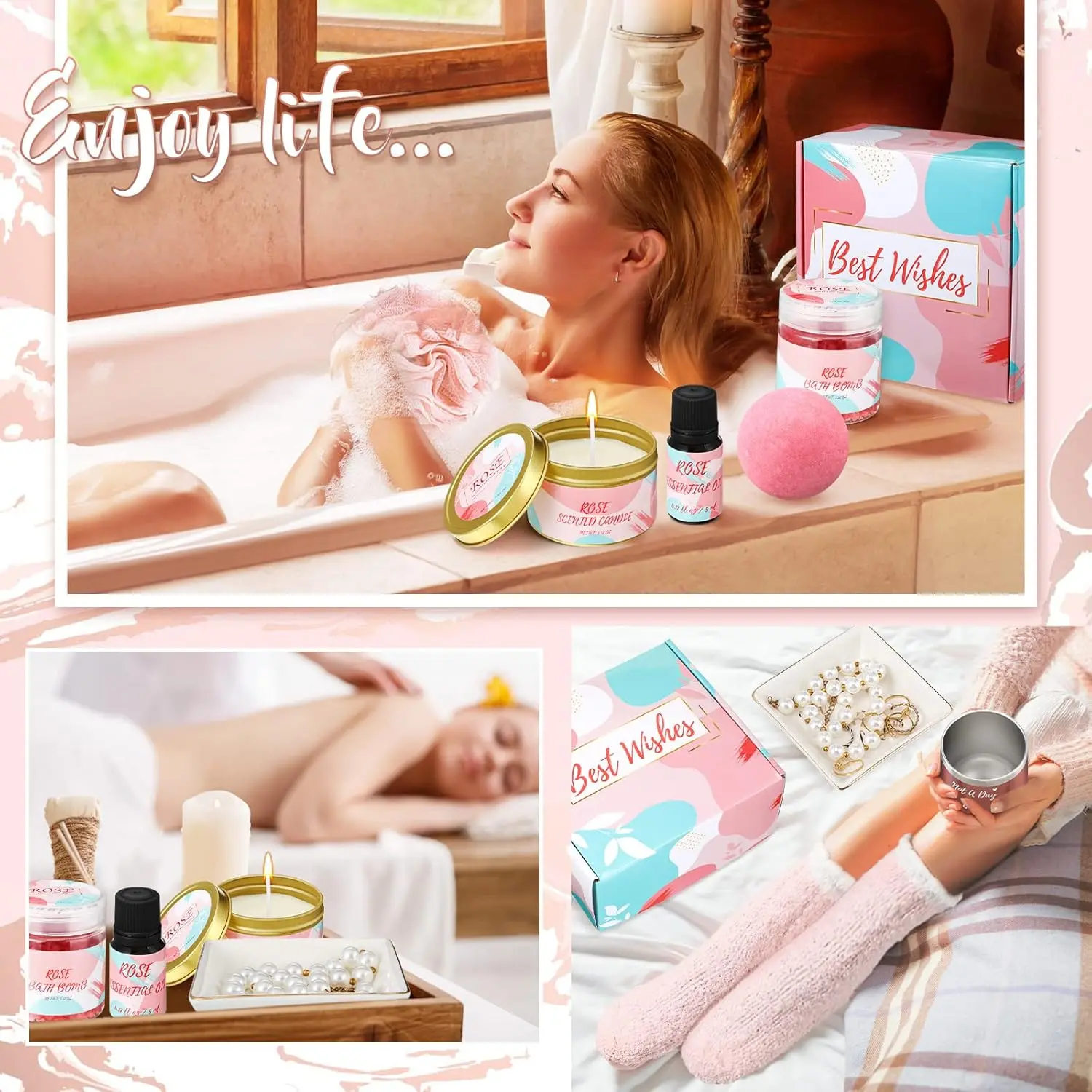 This relaxing spa gift basket for women includes a rose scented candle, bath bombs, insulated wine glass, and other pampering items, making it a perfect birthday or Mother's Day present.