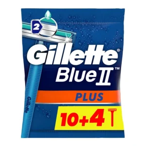 This image shows a pack of fourteen Gillette Blue II Plus men's disposable razors featuring a lubricant strip, two chromium coated blades, and a soft Ultragrip handle for a comfortable shave.