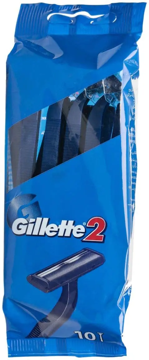 A package of ten Gillette 2 disposable razors featuring twin platinum-coated blades and a fixed head for a close, comfortable shave.