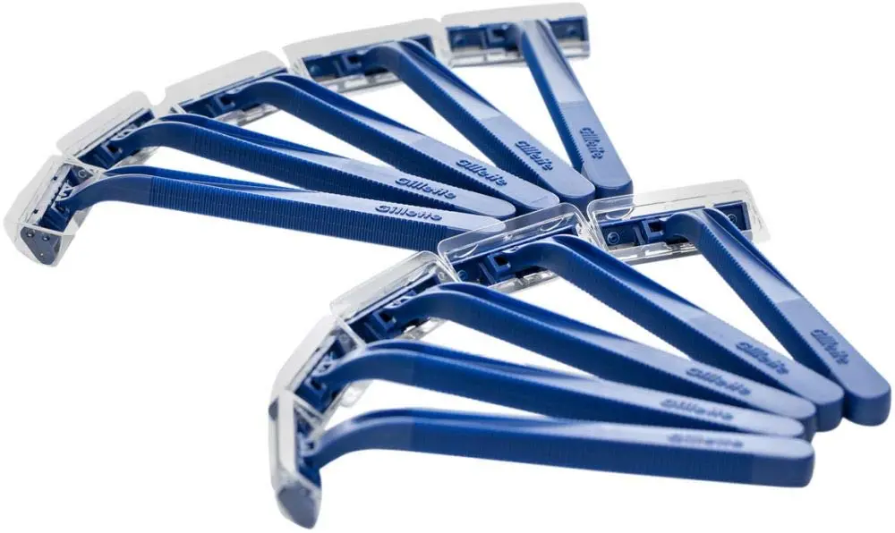 A package of ten Gillette 2 disposable razors featuring twin platinum-coated blades and a fixed head for a close, comfortable shave.