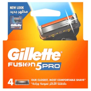 Four Gillette Fusion Proglide razor blade refills with a flexible head that adjusts to face contours for less tug and pull, enhanced Lubrastrip, and a back edging blade for precise trimming.