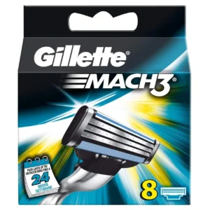 A pack of eight Gillette Mach 3 razor blade refills designed with stronger-than-steel blades for long-lasting sharpness and up to 15 comfortable shaves per blade, featuring a lubrication strip and advanced skin guard for a smooth shave.