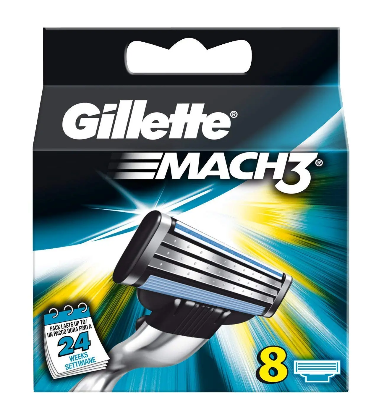 A pack of eight Gillette Mach 3 razor blade refills designed with stronger-than-steel blades for long-lasting sharpness and up to 15 comfortable shaves per blade, featuring a lubrication strip and advanced skin guard for a smooth shave.