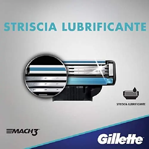 A pack of eight Gillette Mach 3 razor blade refills designed with stronger-than-steel blades for long-lasting sharpness and up to 15 comfortable shaves per blade, featuring a lubrication strip and advanced skin guard for a smooth shave.
