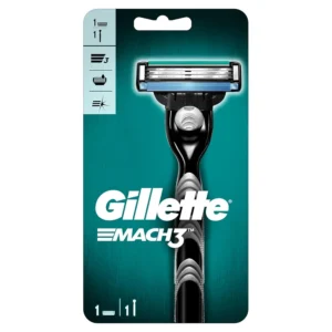 A Gillette Mach3 men's razor with a gel strip for a close, comfortable shave and skin protection against redness and irritation.