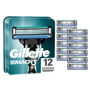 A pack of twelve Gillette Mach3 razor blade refills for men, featuring three stronger-than-steel blades and an enhanced Lubrastrip for a smooth shave.