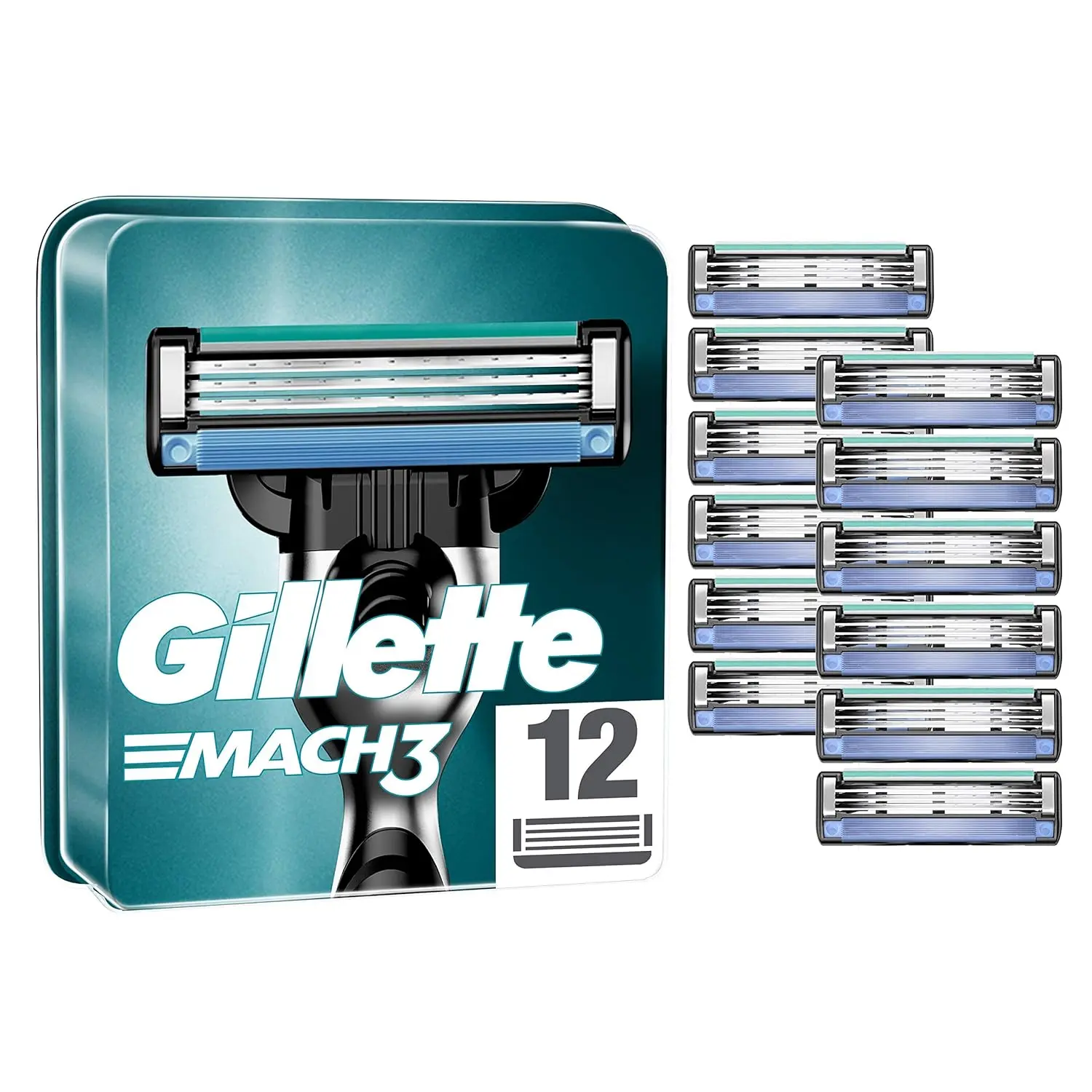 A pack of twelve Gillette Mach3 razor blade refills for men, featuring three stronger-than-steel blades and an enhanced Lubrastrip for a smooth shave.