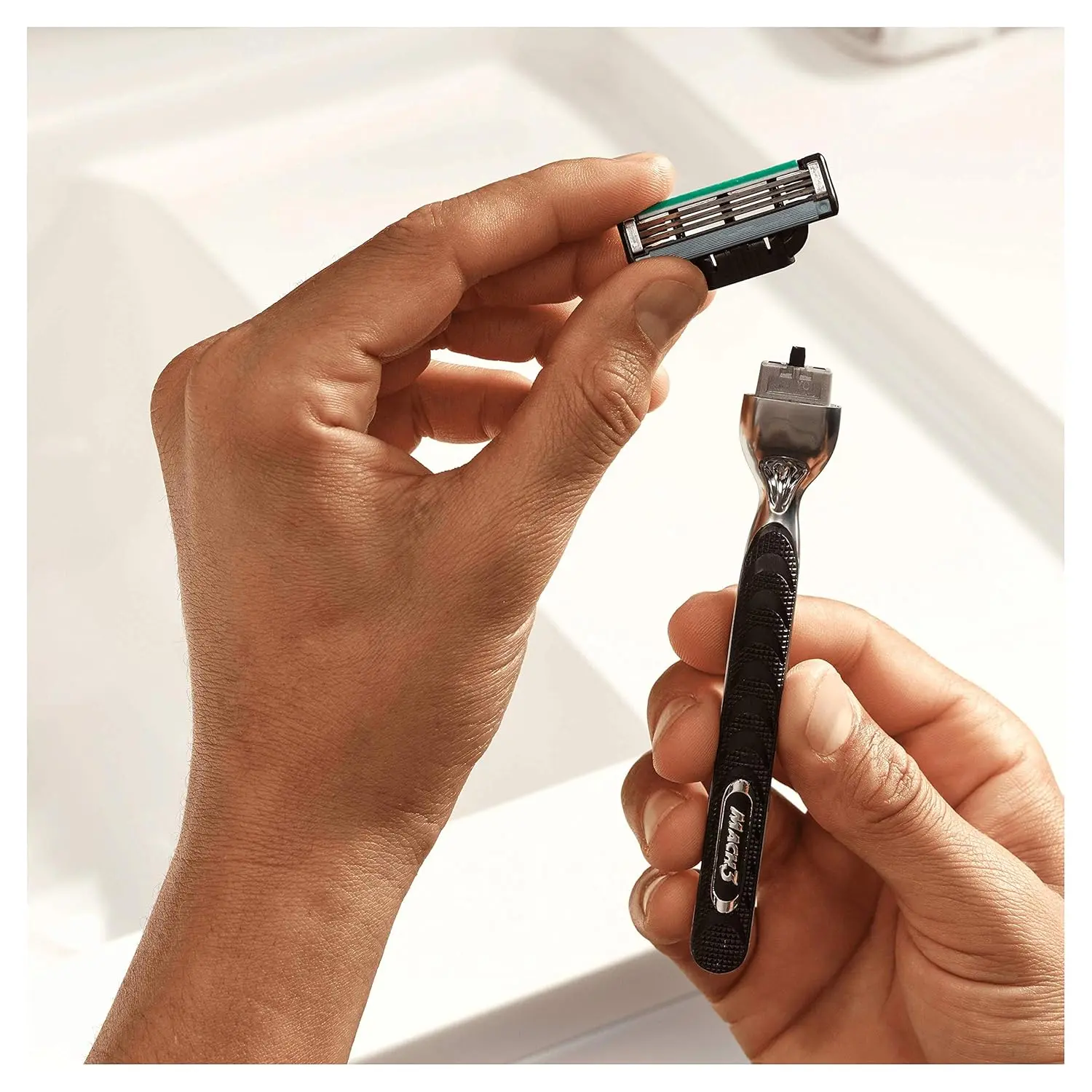 A pack of twelve Gillette Mach3 razor blade refills for men, featuring three stronger-than-steel blades and an enhanced Lubrastrip for a smooth shave.