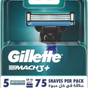 Five Gillette Mach3+ razor blade refills provide a close, comfortable shave with enhanced glide and skin protection.