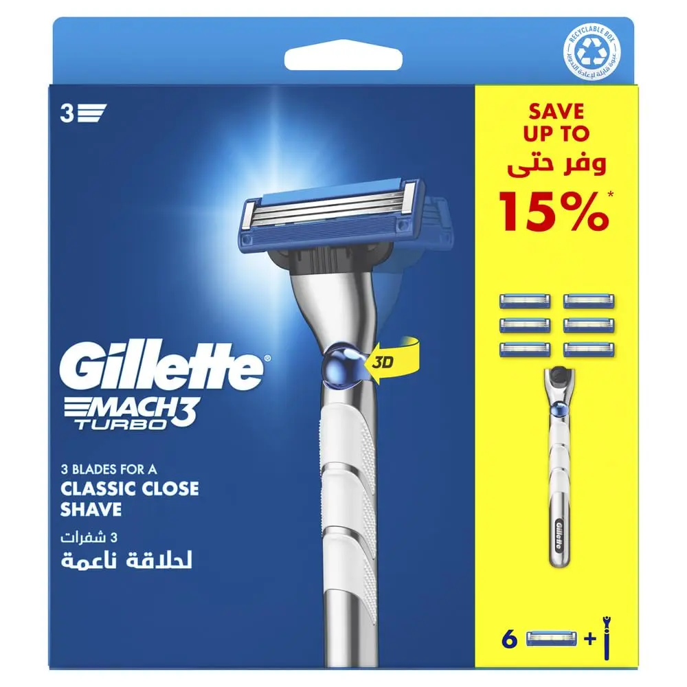Gillette Mach3 Turbo refillable razor with handle and six blade refills, featuring three sharp blades, 3D ball for contouring, enhanced lubrastrip, and microfins for a close, comfortable shave.