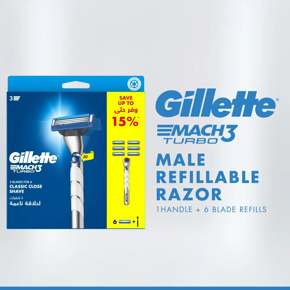 Gillette Mach3 Turbo refillable razor with handle and six blade refills, featuring three sharp blades, 3D ball for contouring, enhanced lubrastrip, and microfins for a close, comfortable shave.