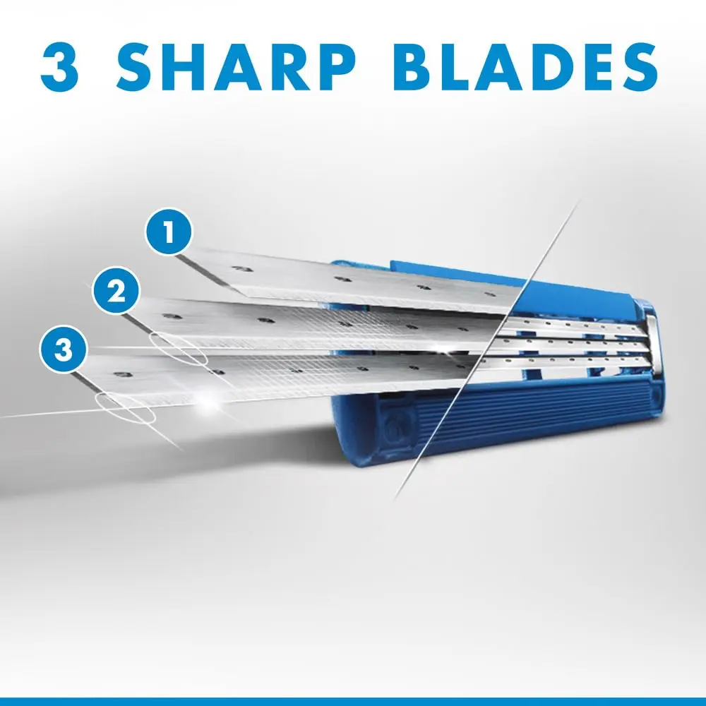 Gillette Mach3 Turbo refillable razor with handle and six blade refills, featuring three sharp blades, 3D ball for contouring, enhanced lubrastrip, and microfins for a close, comfortable shave.