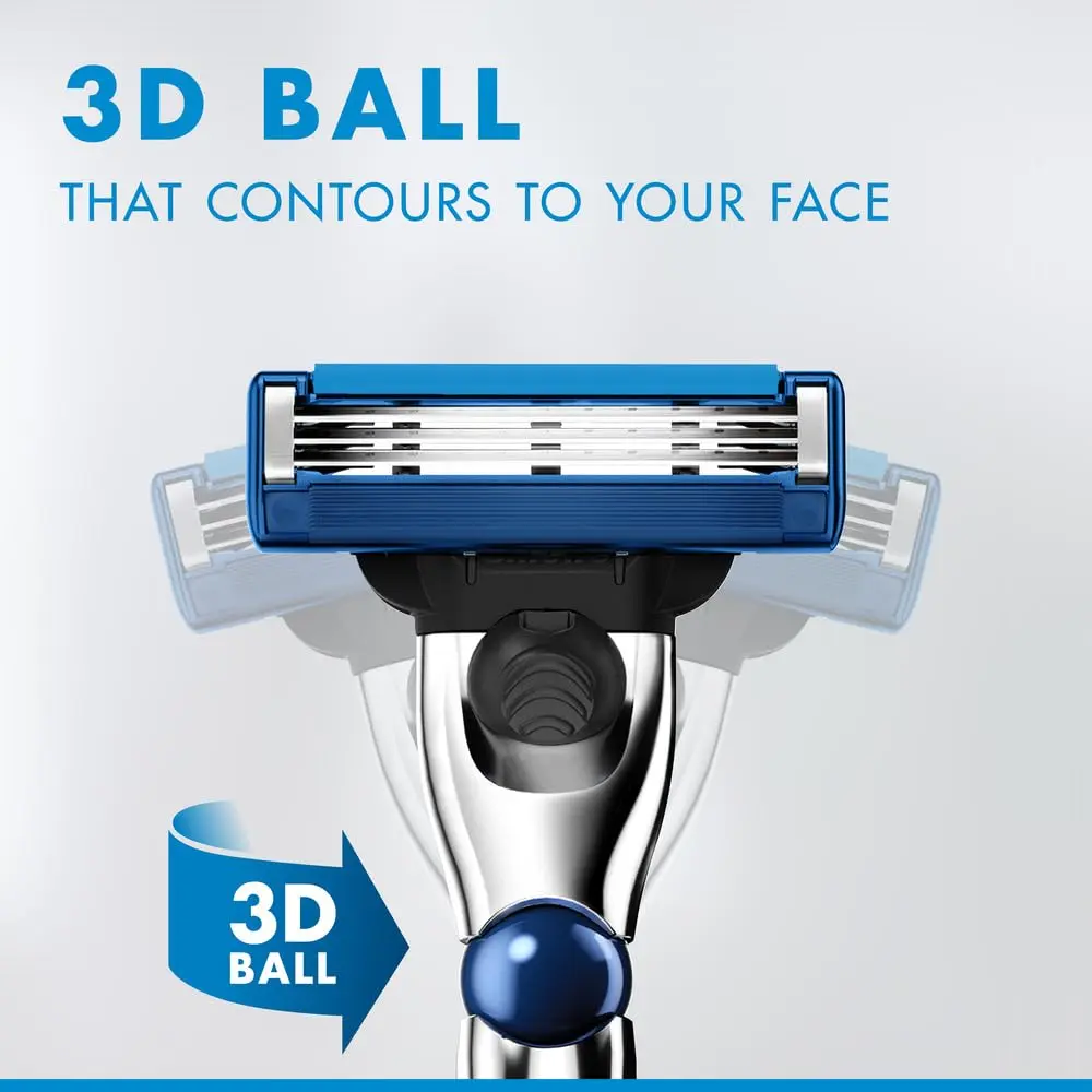 Gillette Mach3 Turbo refillable razor with handle and six blade refills, featuring three sharp blades, 3D ball for contouring, enhanced lubrastrip, and microfins for a close, comfortable shave.