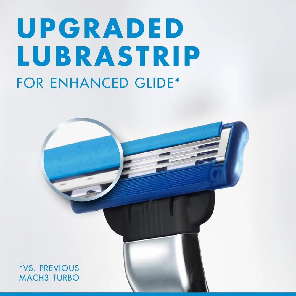 Gillette Mach3 Turbo refillable razor with handle and six blade refills, featuring three sharp blades, 3D ball for contouring, enhanced lubrastrip, and microfins for a close, comfortable shave.