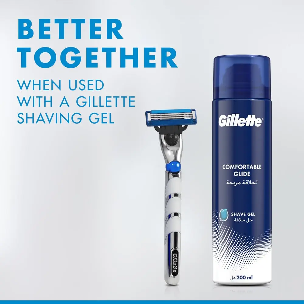 Gillette Mach3 Turbo refillable razor with handle and six blade refills, featuring three sharp blades, 3D ball for contouring, enhanced lubrastrip, and microfins for a close, comfortable shave.