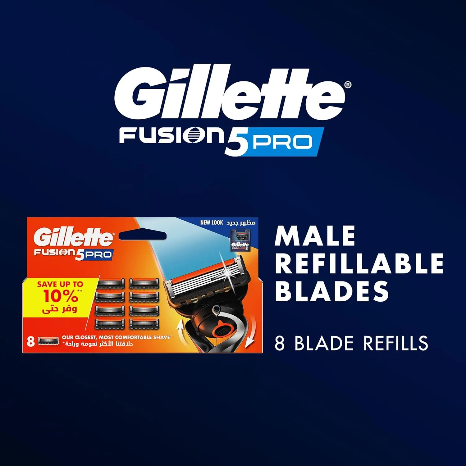 Eight Gillette ProGlide5 razor blade refills with a flexible head that adjusts to face contours and a back edging blade for precise trimming.