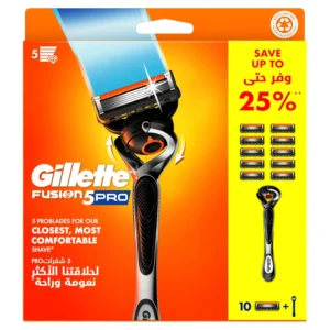 The Gillette ProGlide5 razor with Flexball technology provides a close and comfortable shave and includes 10 blade refills.