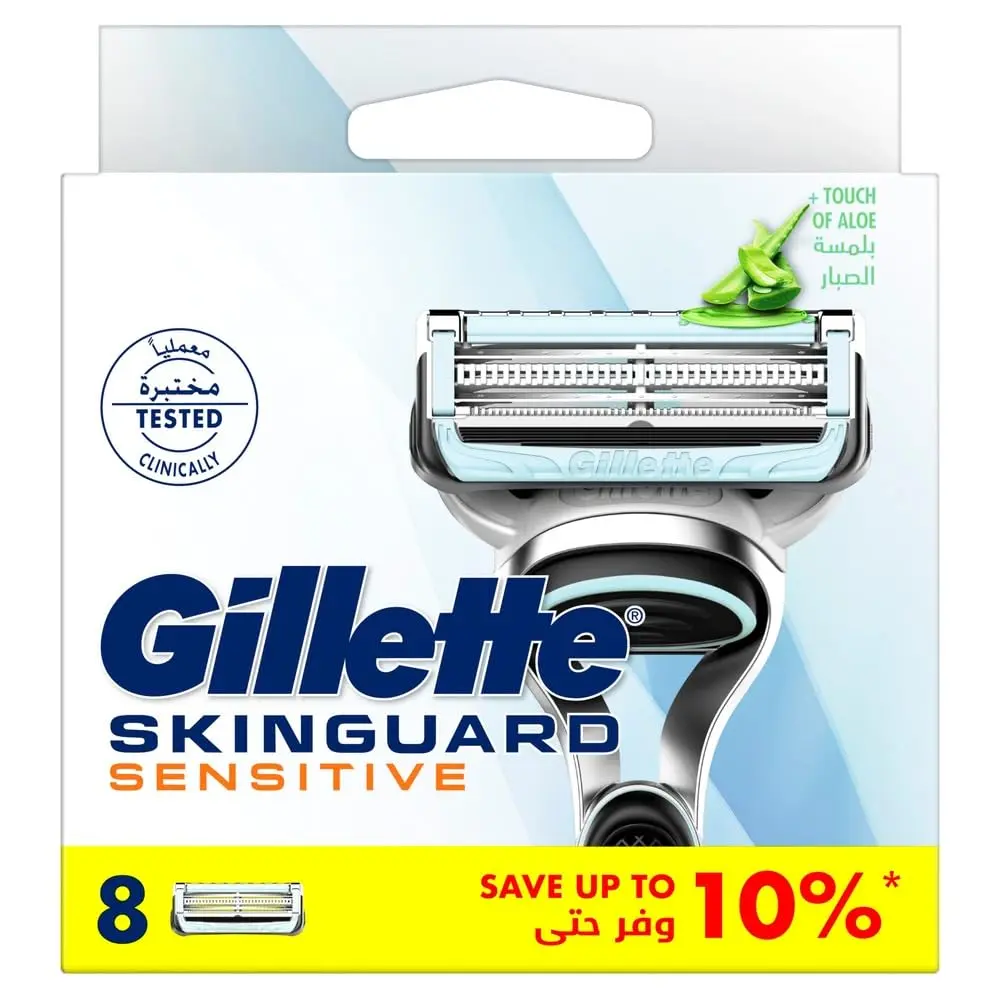 Eight Gillette Skinguard Sensitive blade refills featuring a unique guard to minimize skin contact and provide lubrication for sensitive skin.