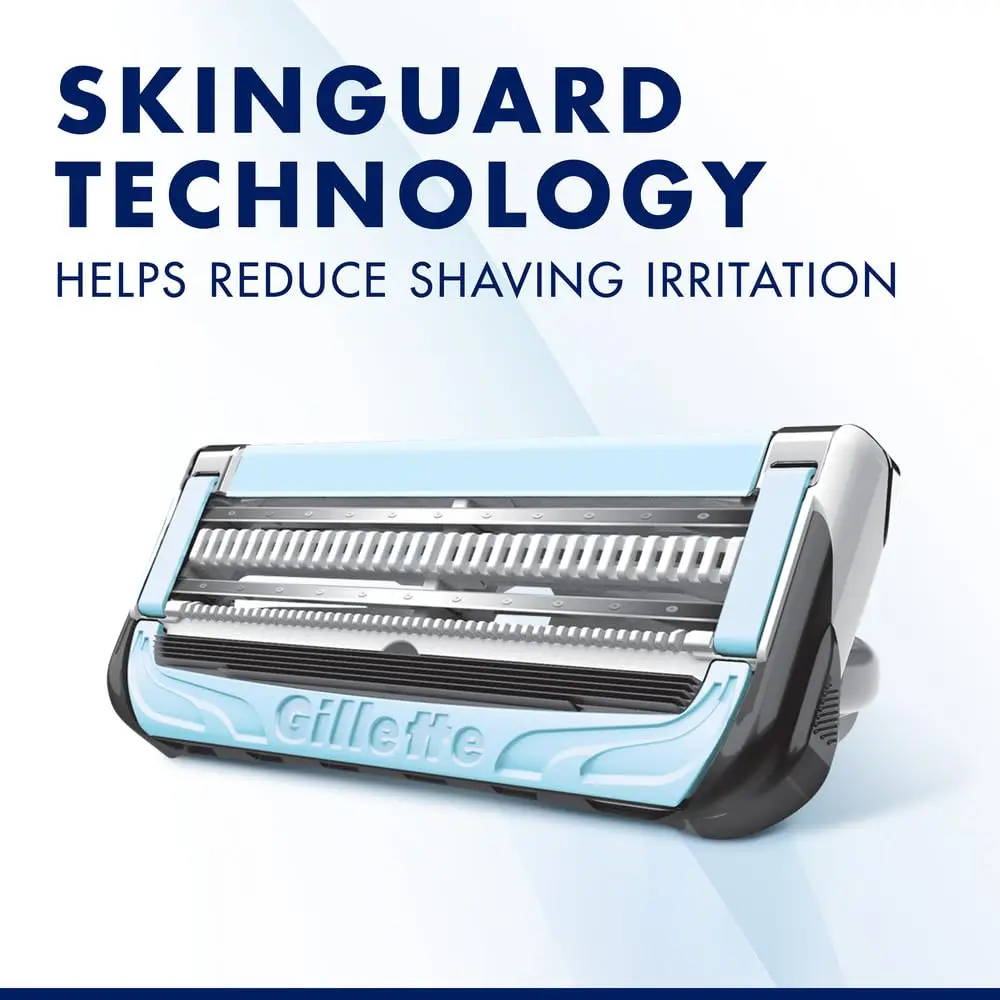 Eight Gillette Skinguard Sensitive blade refills featuring a unique guard to minimize skin contact and provide lubrication for sensitive skin.