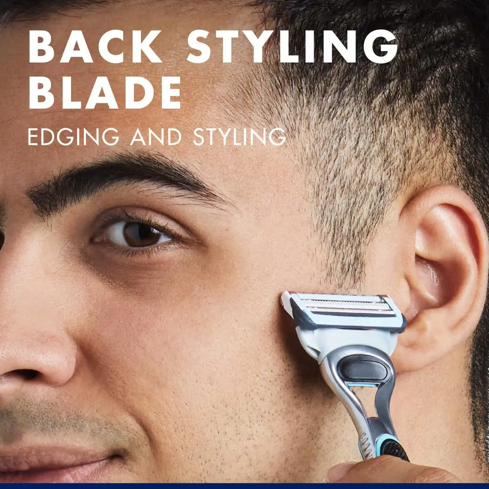 Eight Gillette Skinguard Sensitive blade refills featuring a unique guard to minimize skin contact and provide lubrication for sensitive skin.