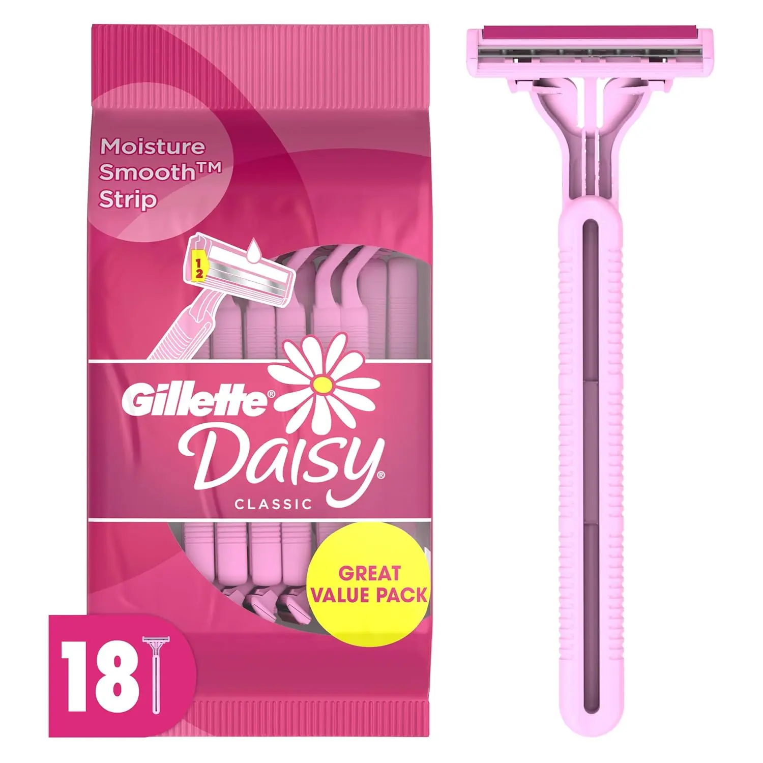 This image shows a pack of 18 Gillette Venus Daisy disposable razors featuring 2 thin blades for comfort, a lubricating strip for a smooth shave, a fixed head, and a comfortable grip handle designed for secure hair removal.