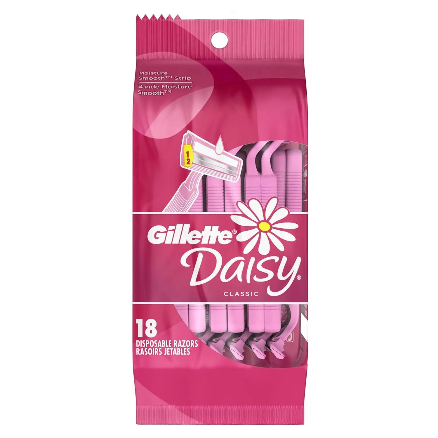 This image shows a pack of 18 Gillette Venus Daisy disposable razors featuring 2 thin blades for comfort, a lubricating strip for a smooth shave, a fixed head, and a comfortable grip handle designed for secure hair removal.