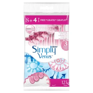 This image shows Gillette Venus Simply 3 disposable razors for women, promising a closer, more comfortable shave with fewer nicks and cuts thanks to its moisture-rich strip and skin-protective microfins, designed to easily maneuver around ankles and knees.