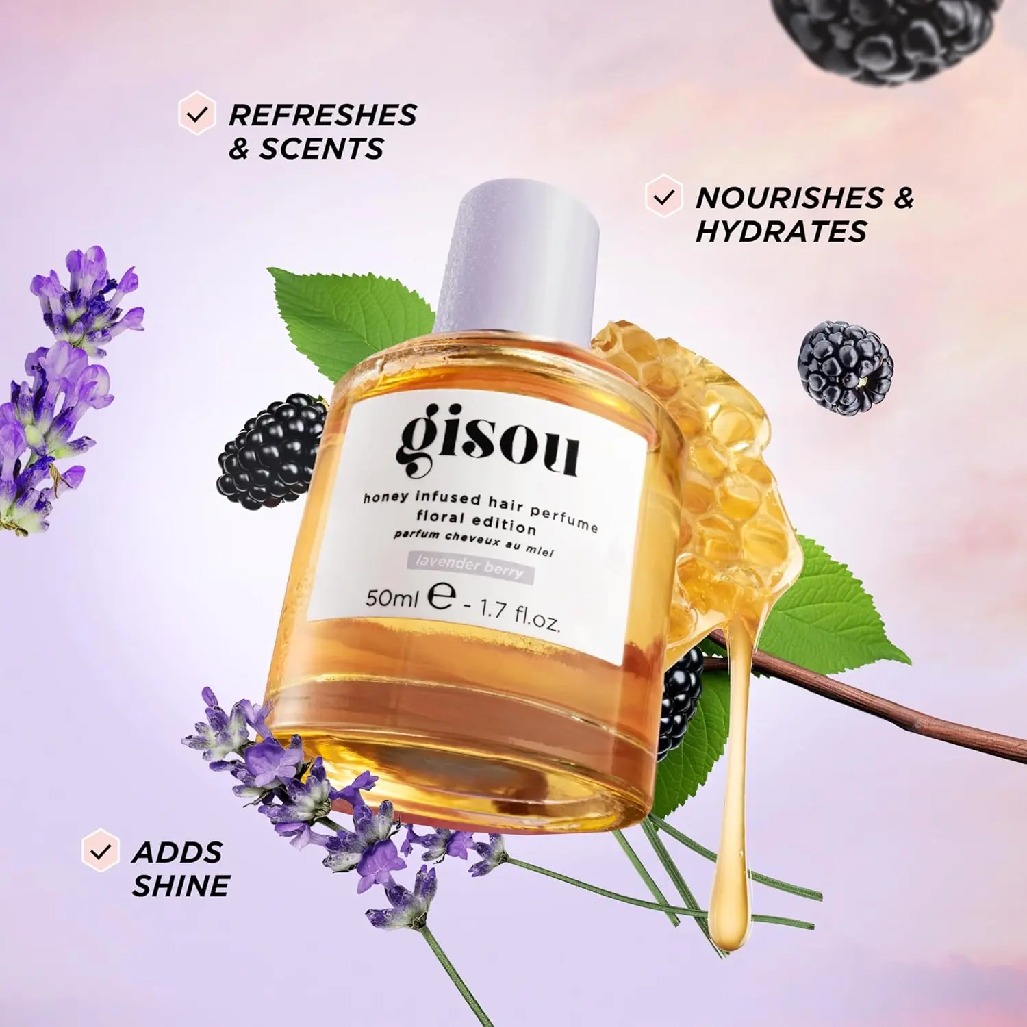 A bottle of Gisou Honey Infused Hair Perfume promises to hydrate dry hair and add a delicate wildflower honey scent with healthy shine.