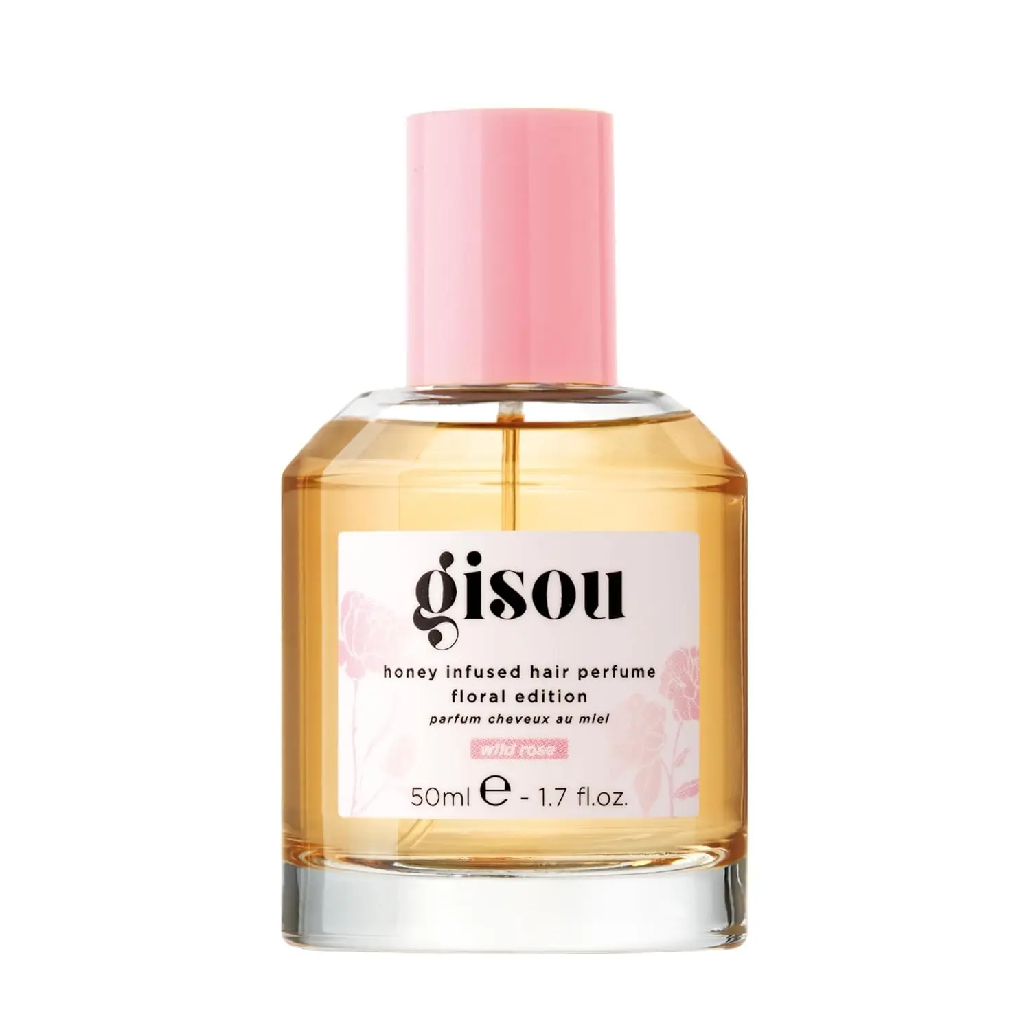 Gisou honey infused hair perfume with wild rose scent, designed to hydrate, add shine, and revive dry hair, leaving it soft and manageable.