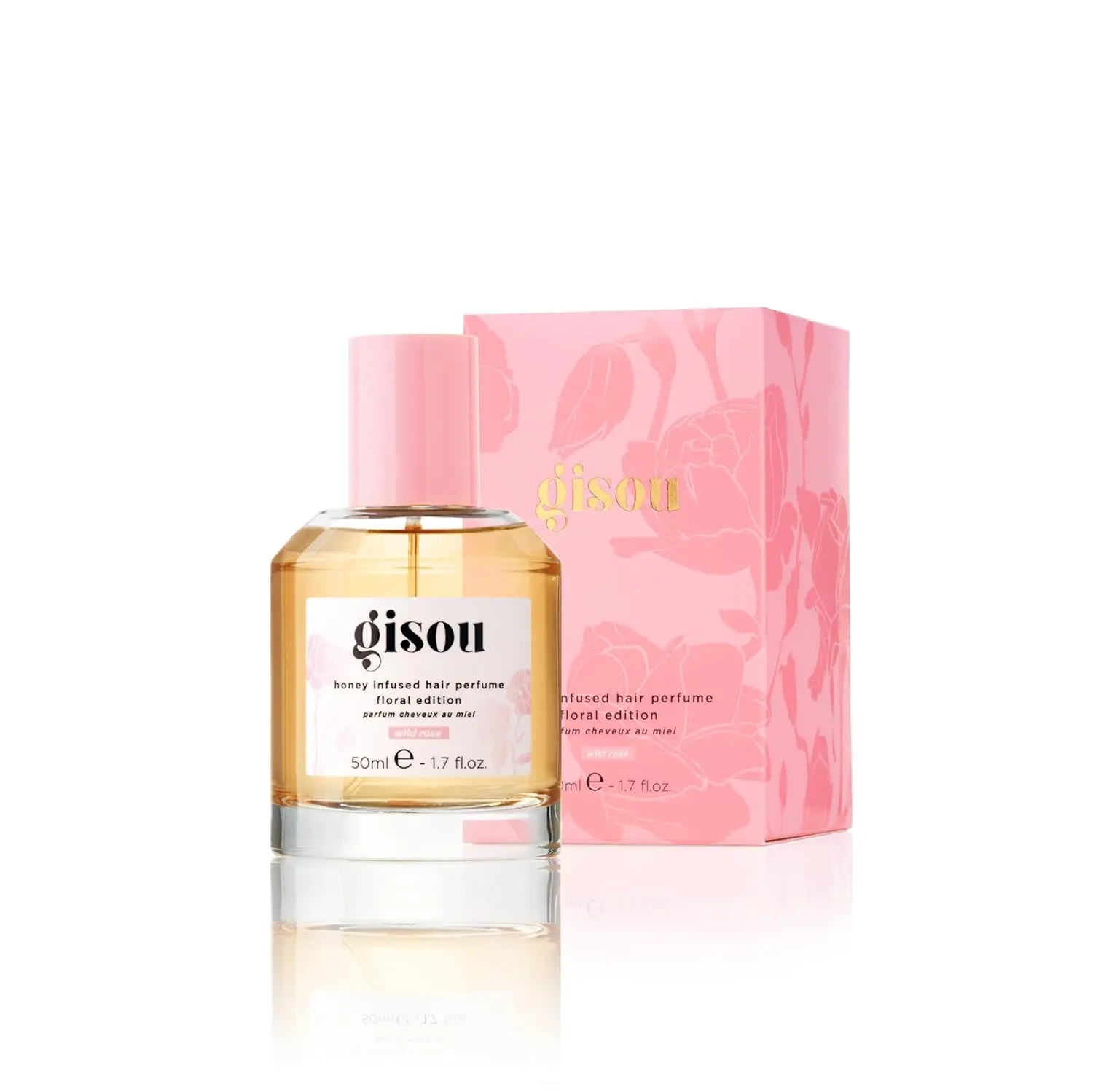 Gisou honey infused hair perfume with wild rose scent, designed to hydrate, add shine, and revive dry hair, leaving it soft and manageable.