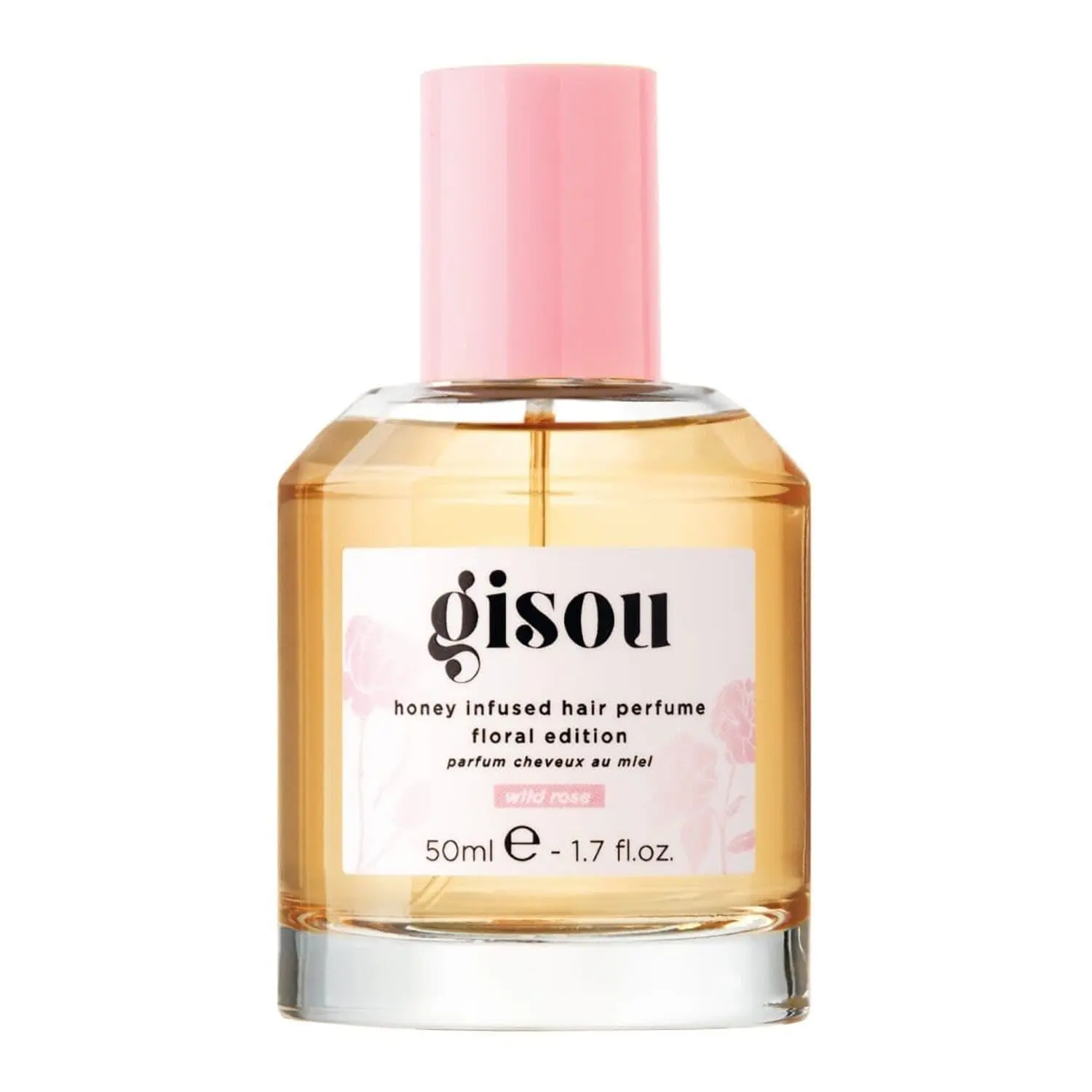 A bottle of GISOU Wild Rose Hair Perfume infused with honey, offering UV protection and a refreshing, garden-inspired fragrance.