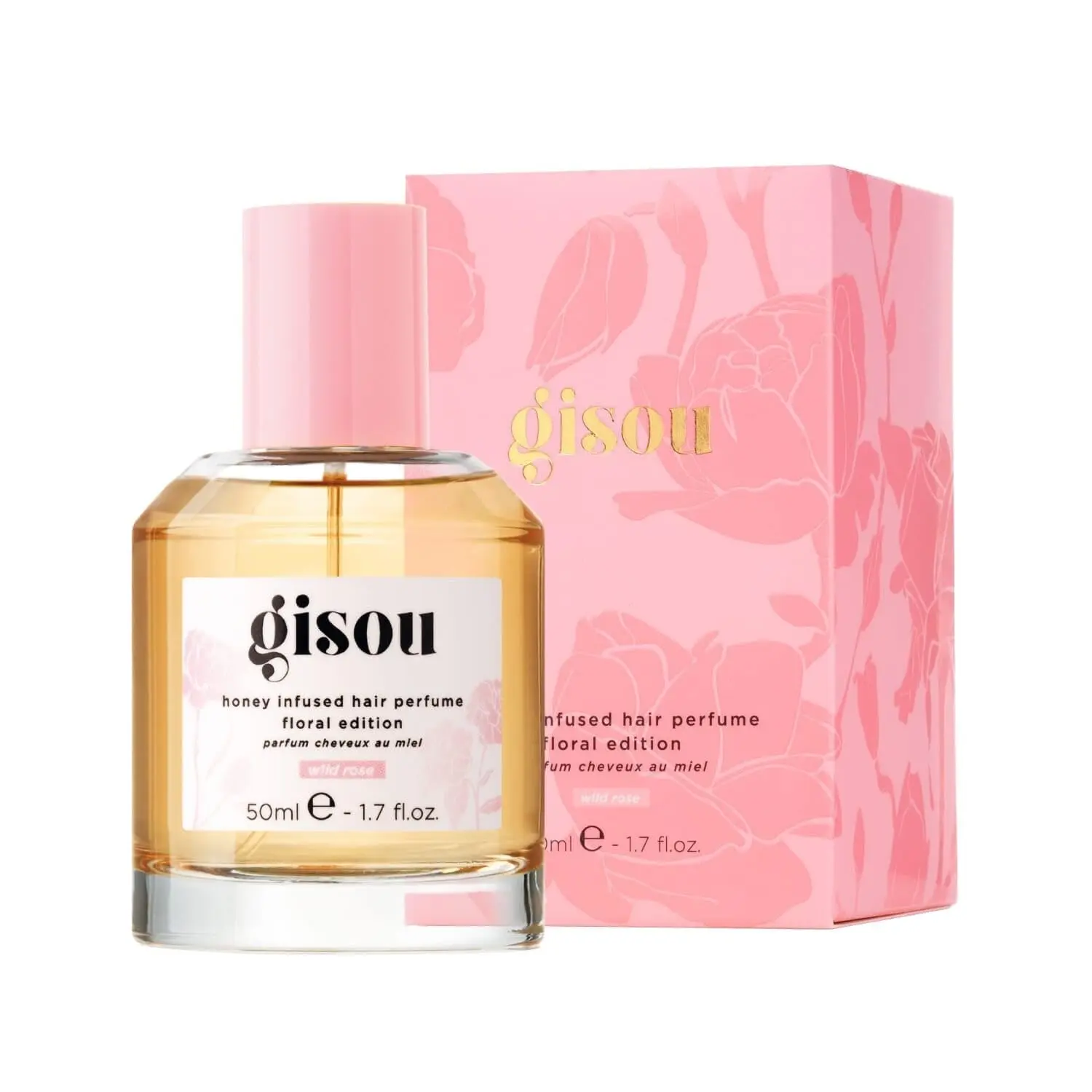 A bottle of GISOU Wild Rose Hair Perfume infused with honey, offering UV protection and a refreshing, garden-inspired fragrance.