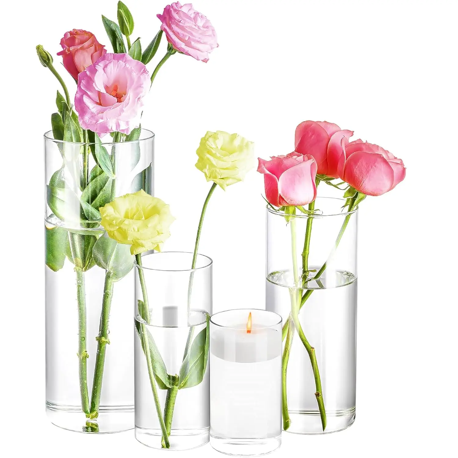 This set of four clear glass cylinder vases in varying heights and diameters are perfect for displaying flowers, candles, or decorative fillers at weddings, parties, or home decor.