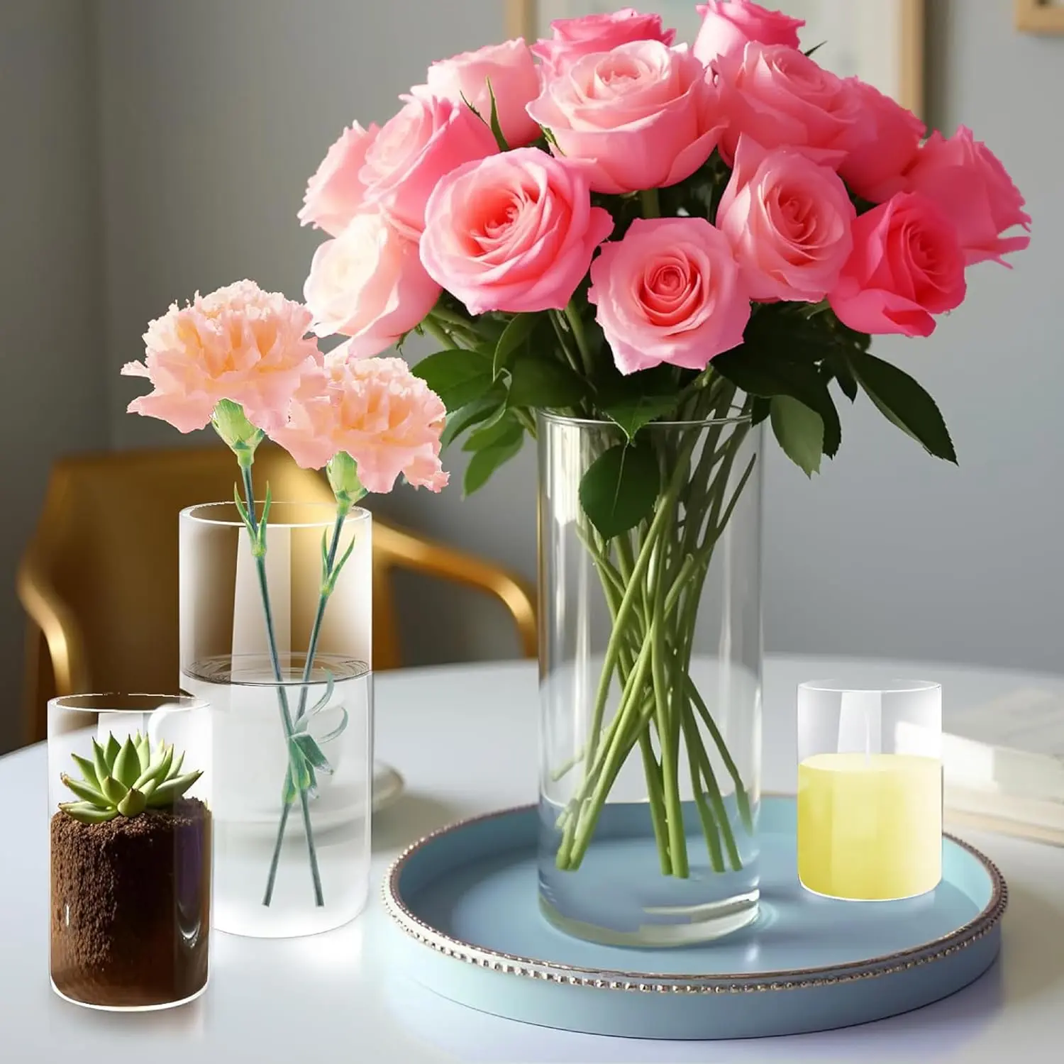 This set of four clear glass cylinder vases in varying heights and diameters are perfect for displaying flowers, candles, or decorative fillers at weddings, parties, or home decor.