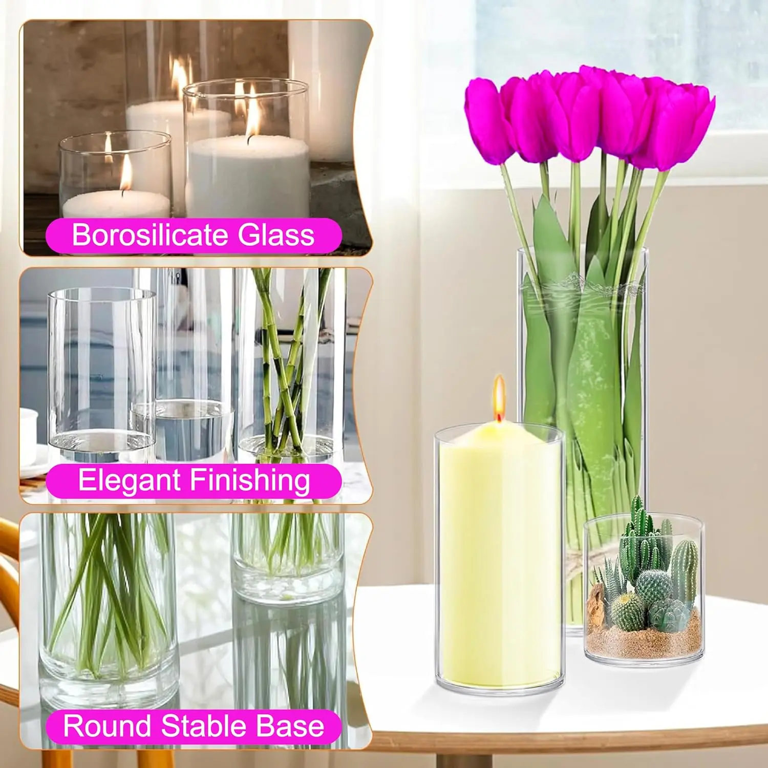 This set of four clear glass cylinder vases in varying heights and diameters are perfect for displaying flowers, candles, or decorative fillers at weddings, parties, or home decor.