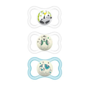 MAM glow in the dark pacifiers are designed for babies 6-16 months with sensitive skin and allow for maximum airflow.