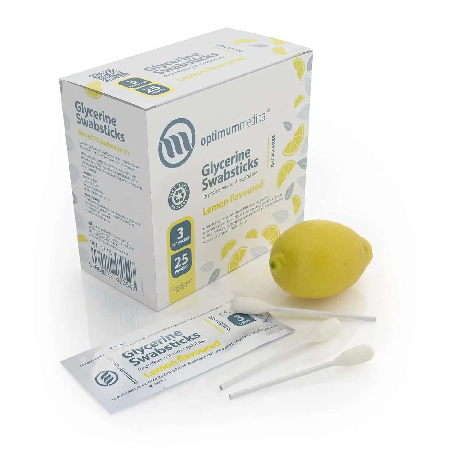 Optimum Medical lemon flavored glycerin swabsticks provide sugar-free dry mouth relief and enhanced patient comfort with a soft tip, individually wrapped for freshness.