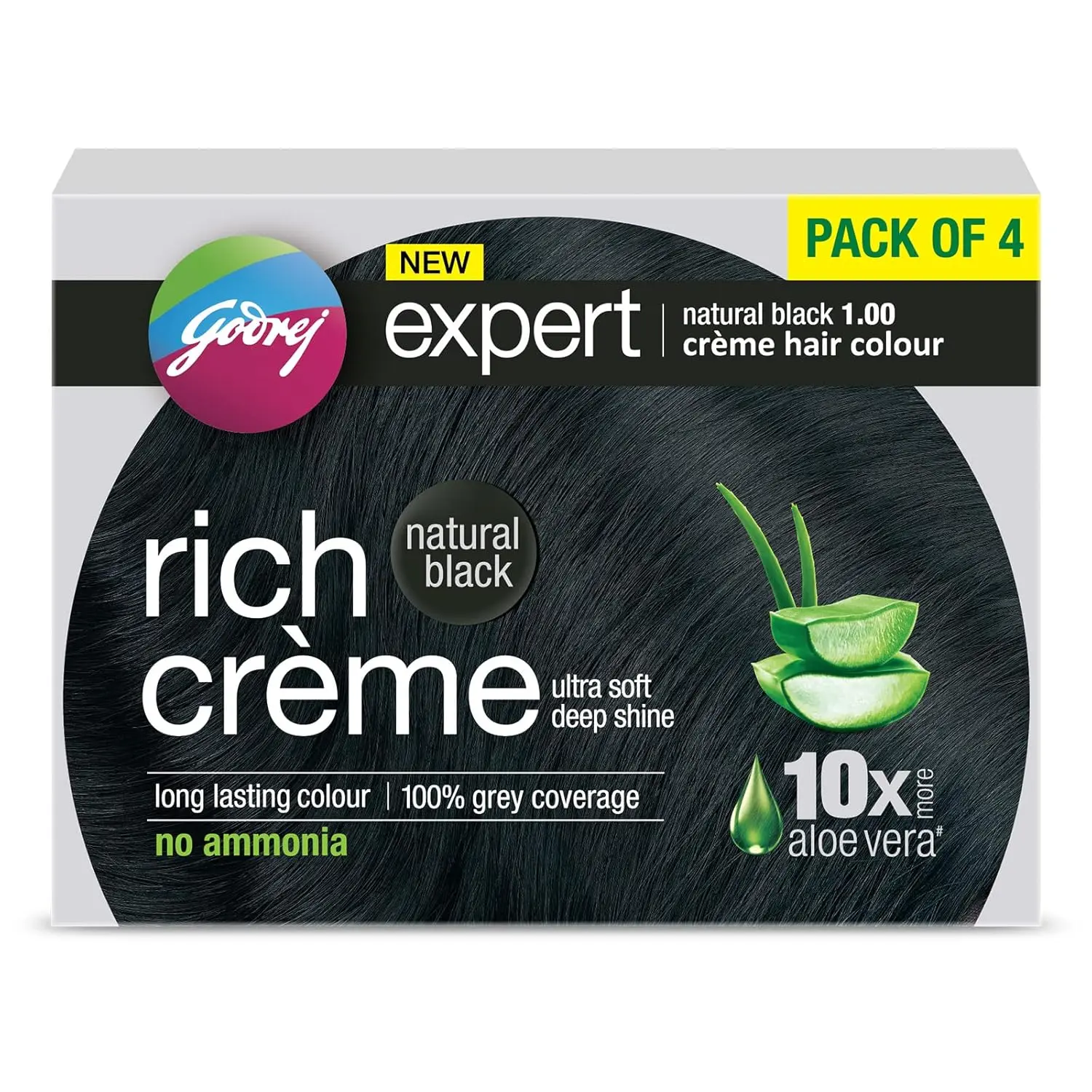 Godrej Expert Rich Crème Natural Black hair color provides 100% grey coverage with long lasting shine, enriched with Aloe Vera and Milk Protein for soft, ammonia-free hair.