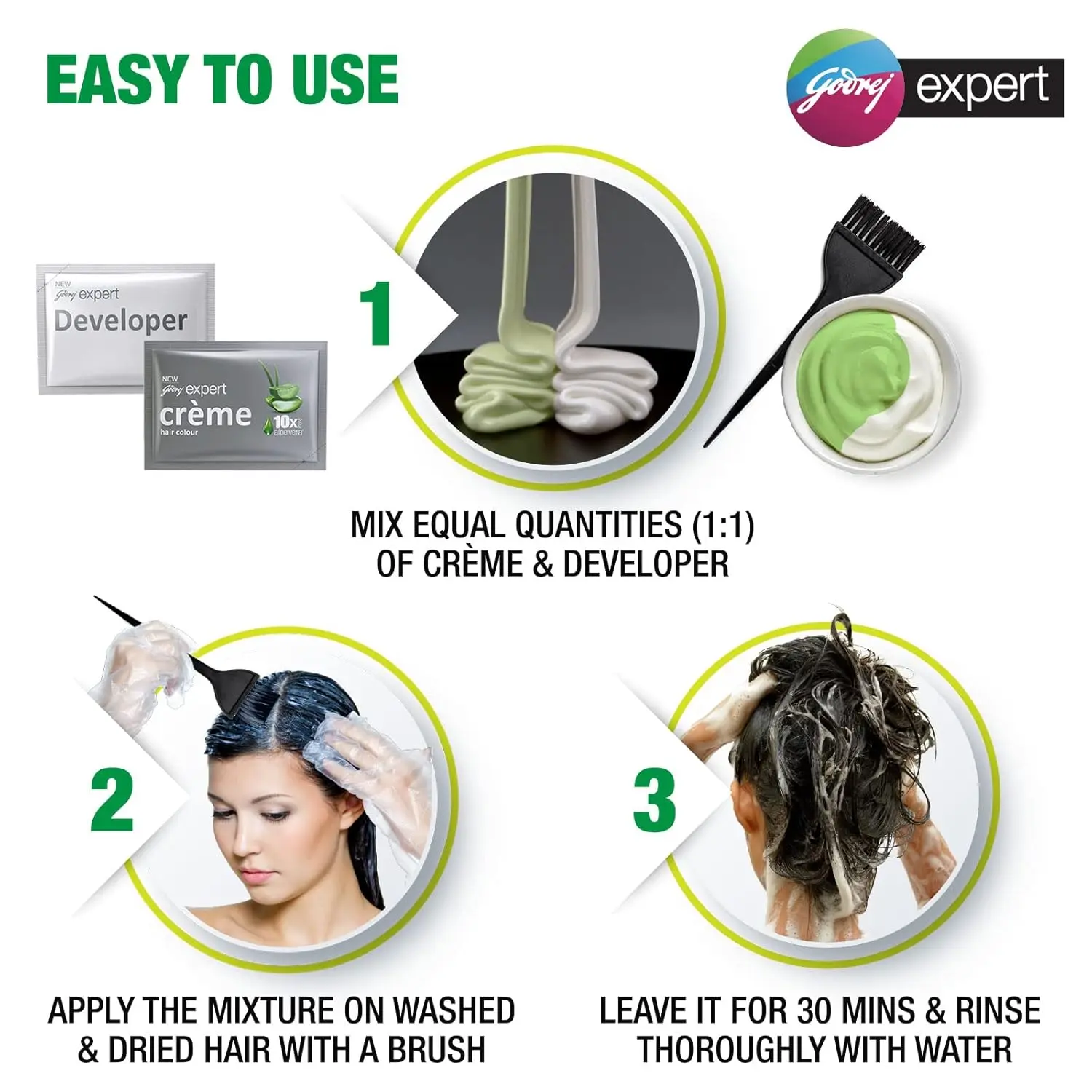 Godrej Expert Rich Crème Natural Black hair color provides 100% grey coverage with long lasting shine, enriched with Aloe Vera and Milk Protein for soft, ammonia-free hair.